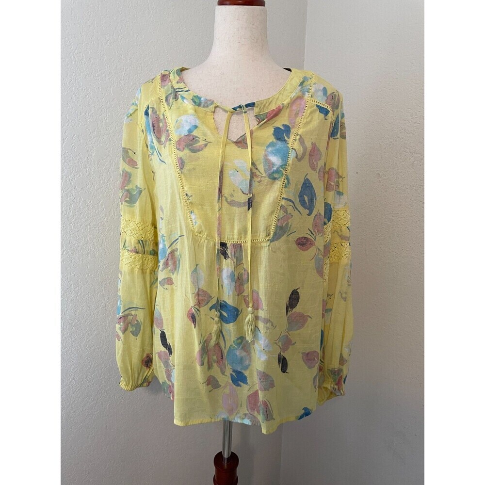 Zac & Rachel Top Yellow Floral Long Sleeve Boho Peasant Top Womens Size XL Flowy